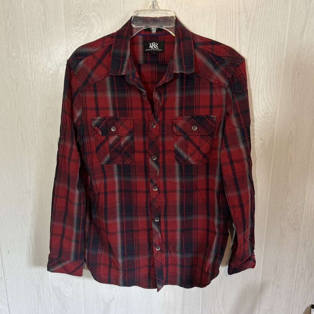 rock republic Large Red Black Plaid Western Shirt
